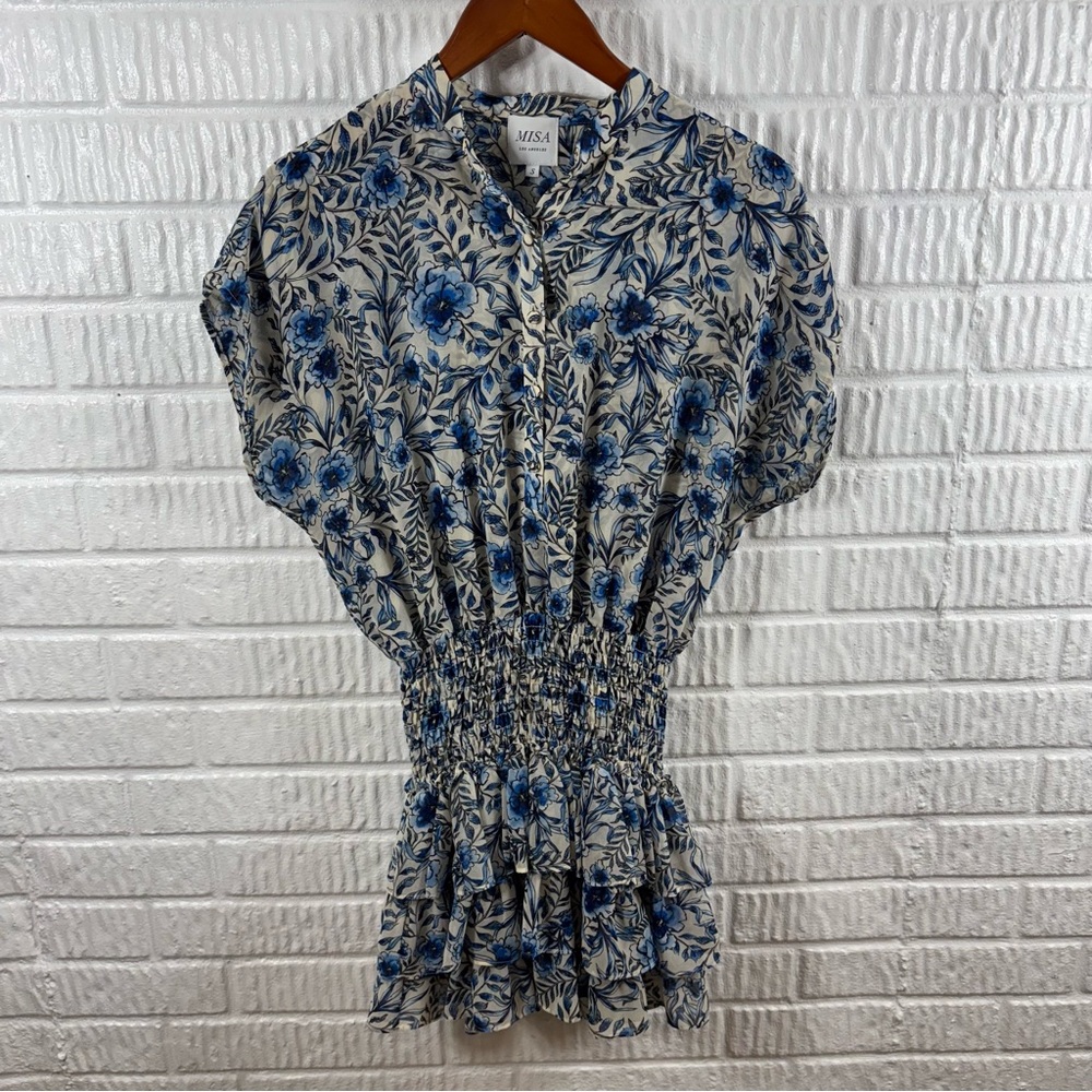 Misa LA Eloisa Indigo Blooms Floral Smocked Waist Tiered Skirt Button Dress - Picture 2 of 6